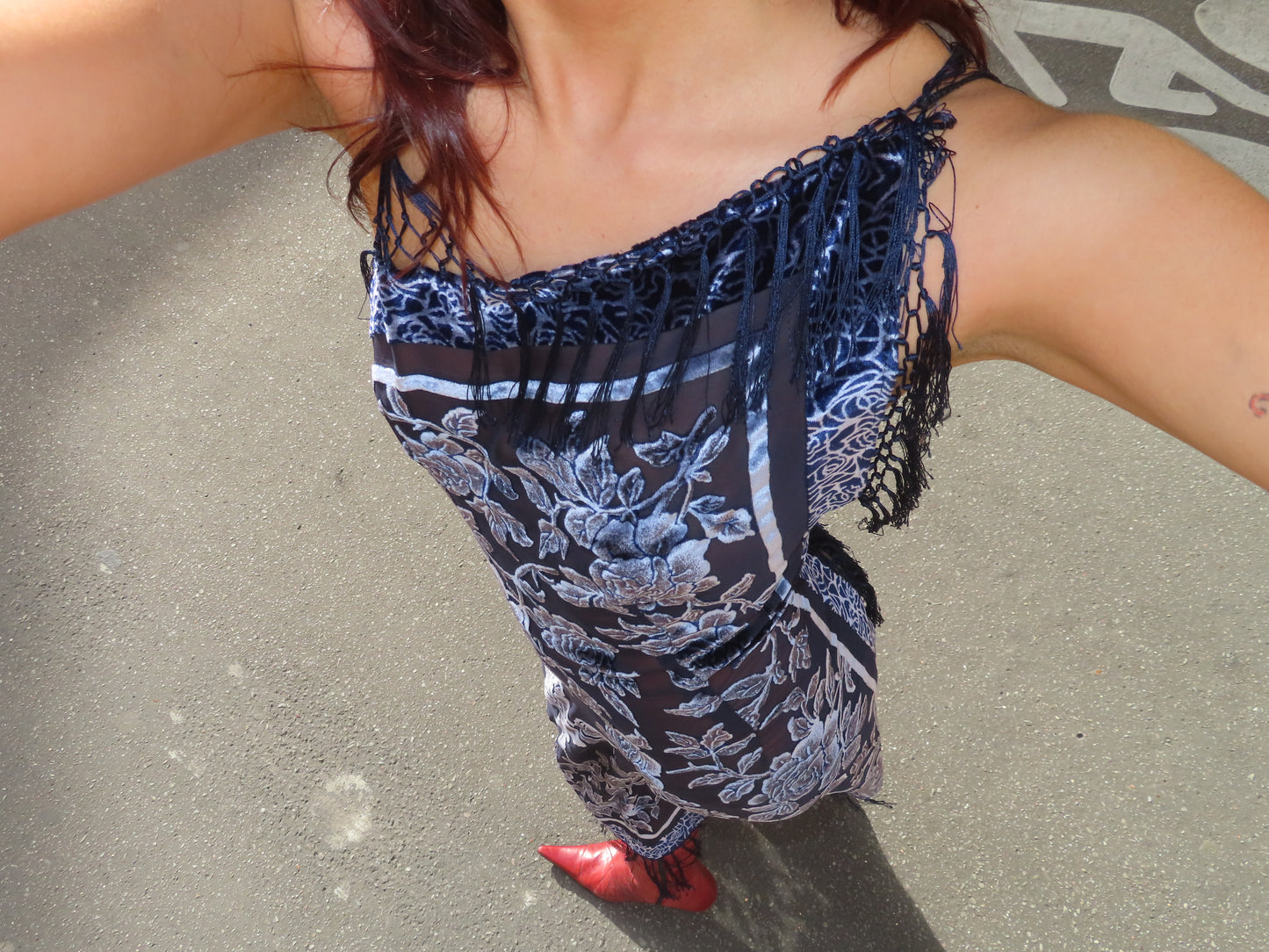Navy Blue Velvet Fringe Dress