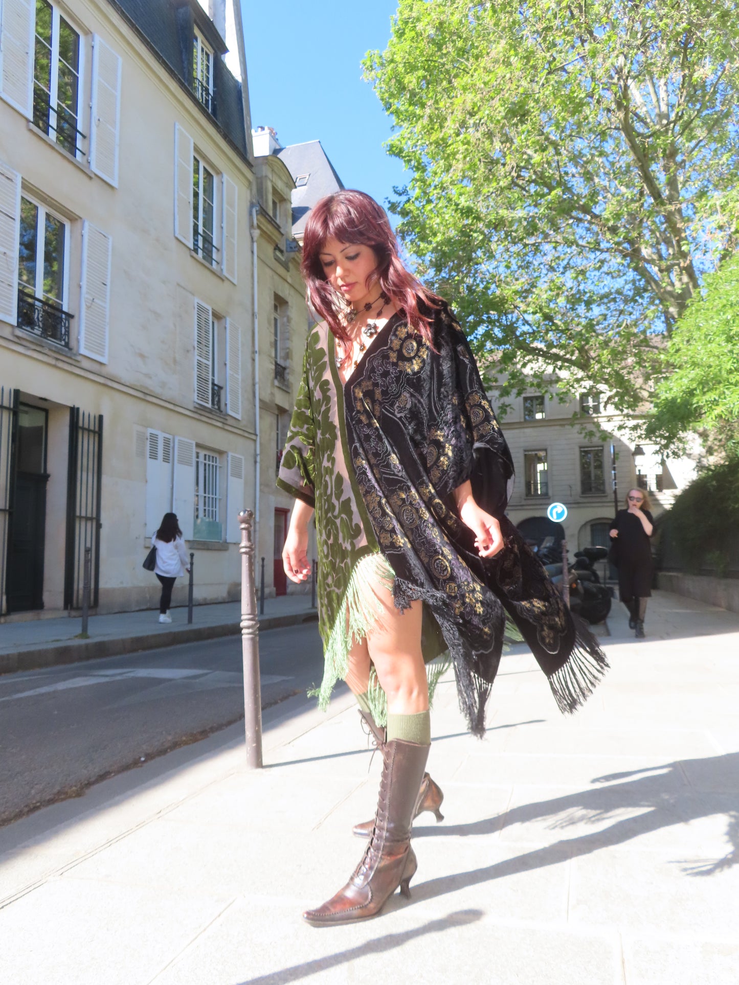 Green and Black Velvet and Silk Dress