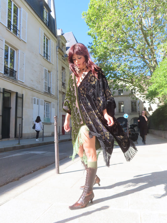 Green and Black Velvet and Silk Dress