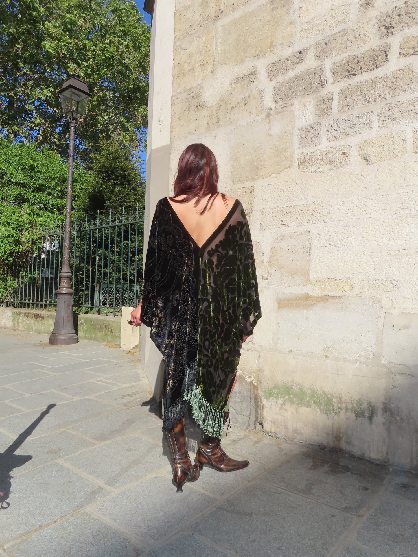 Green and Black Velvet and Silk Dress