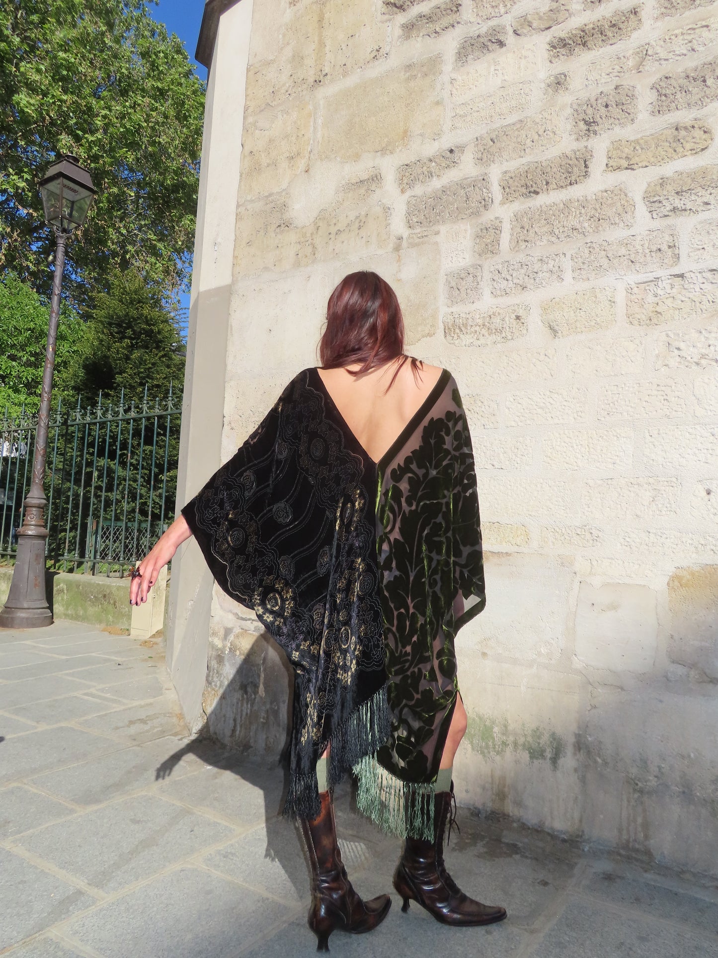 Green and Black Velvet and Silk Dress