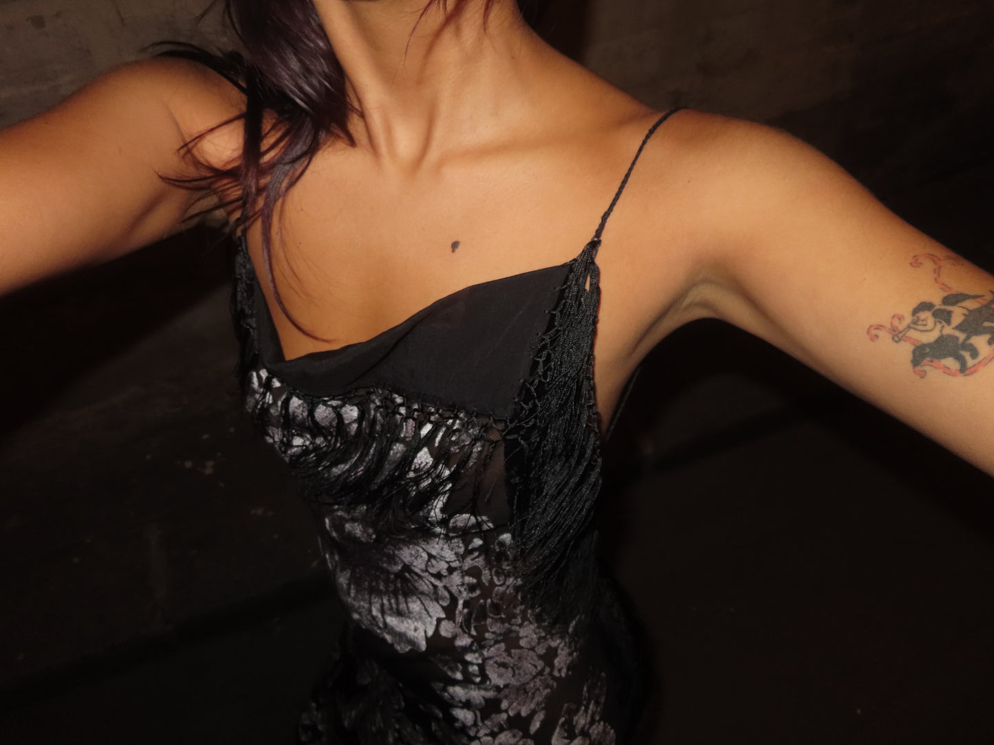Grey Silk Velvet Fringe Dress