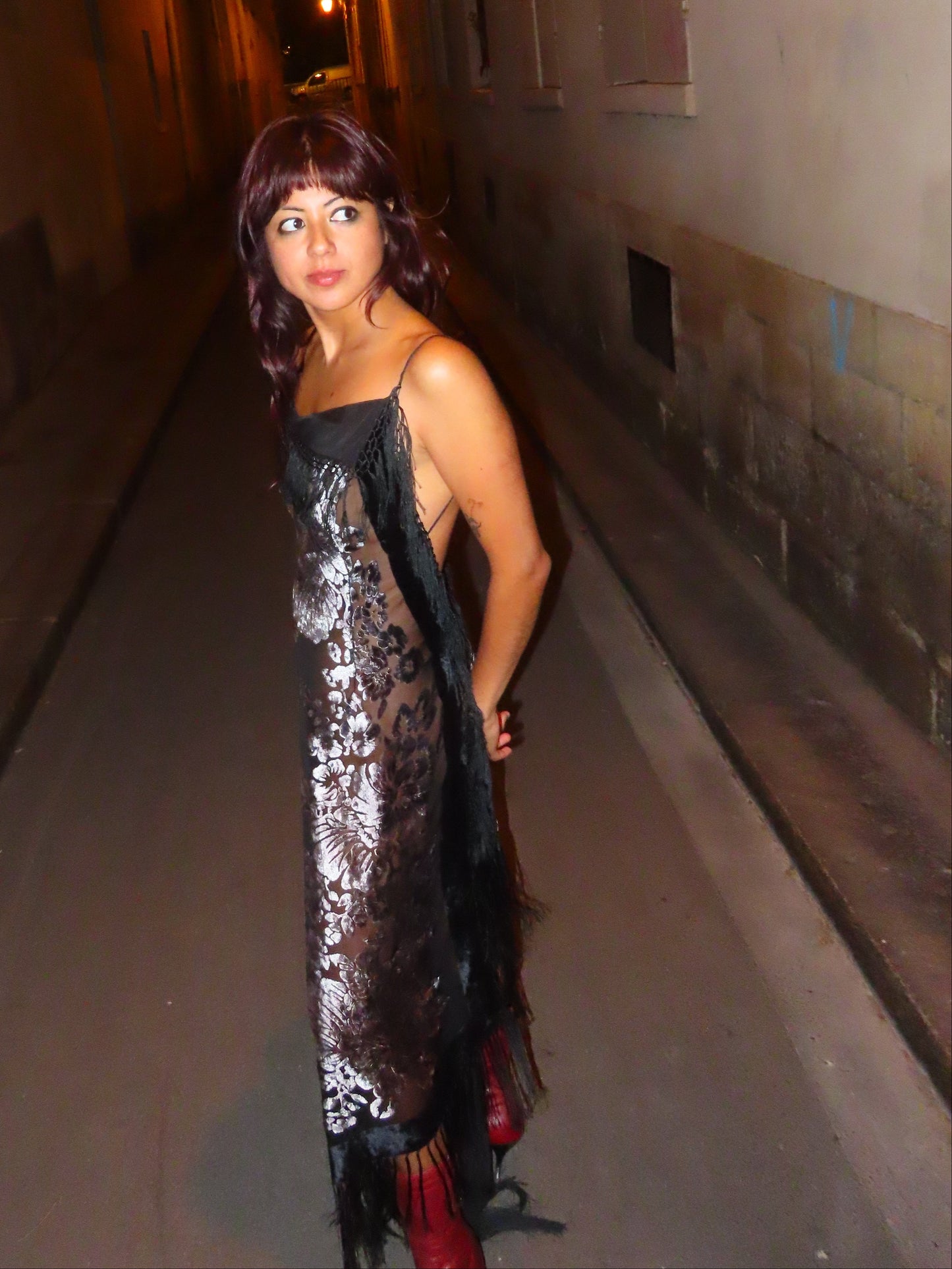 Grey Silk Velvet Fringe Dress