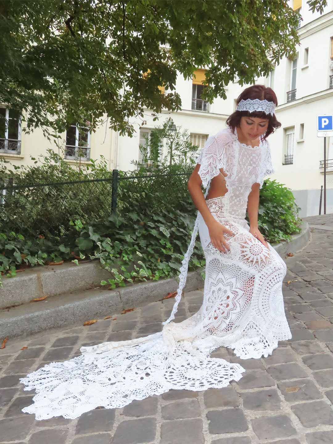 Bridal Lace and Crochet Long Train Dress