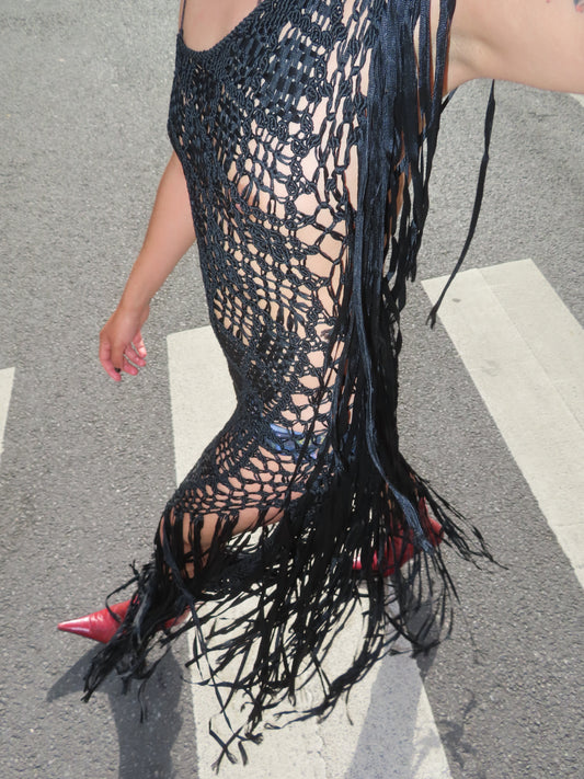 Assymetrical Black Fringes Dress