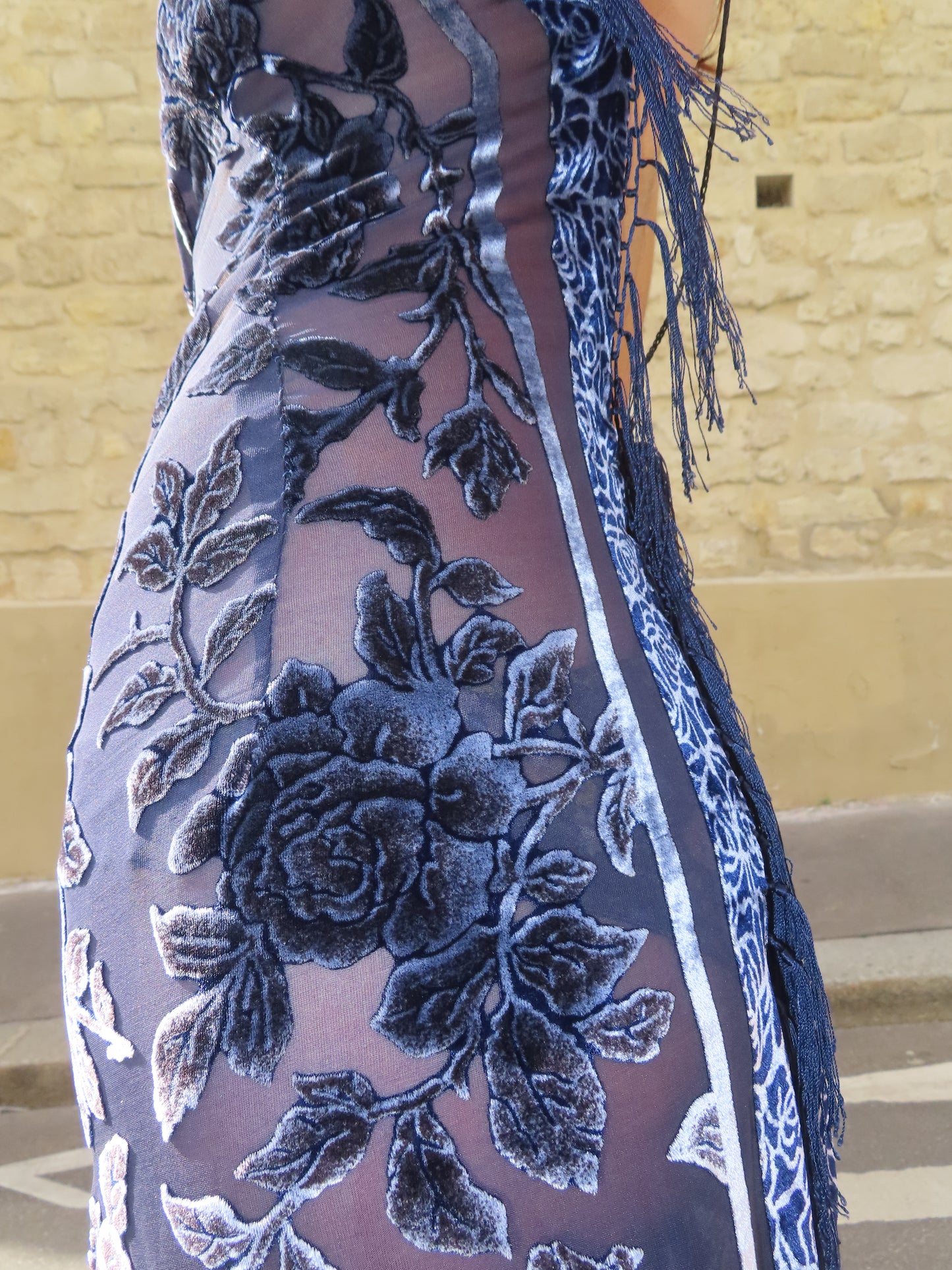 Navy Blue Velvet Fringe Dress