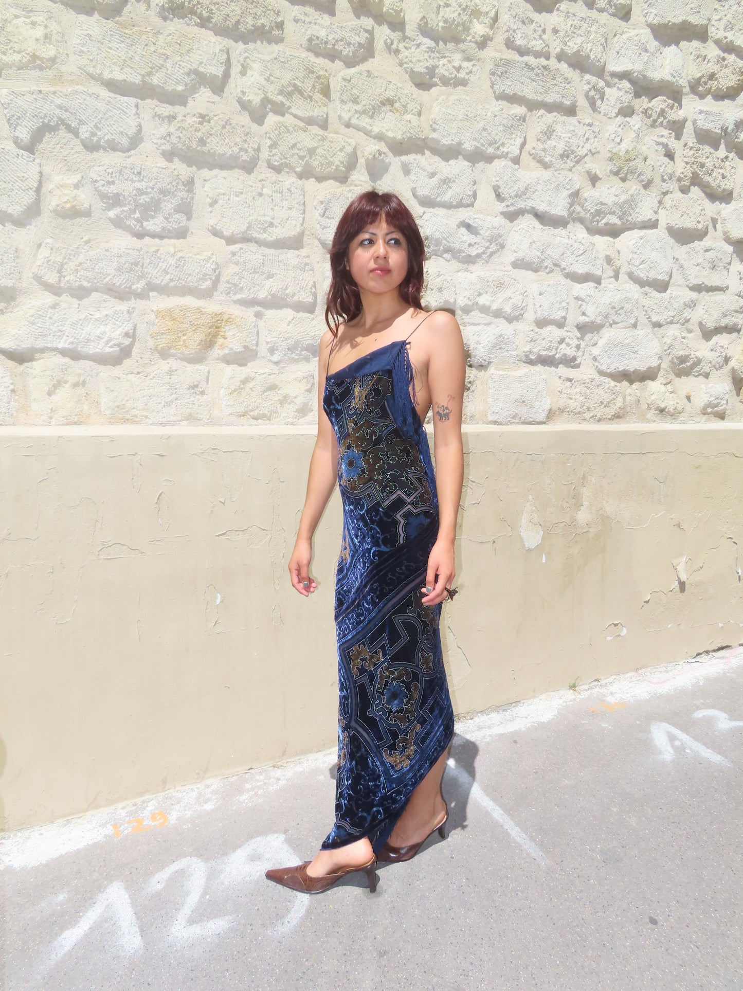 Navy Blue Velvet Fringe Dress