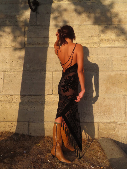 Beaded Black Velvet Dress