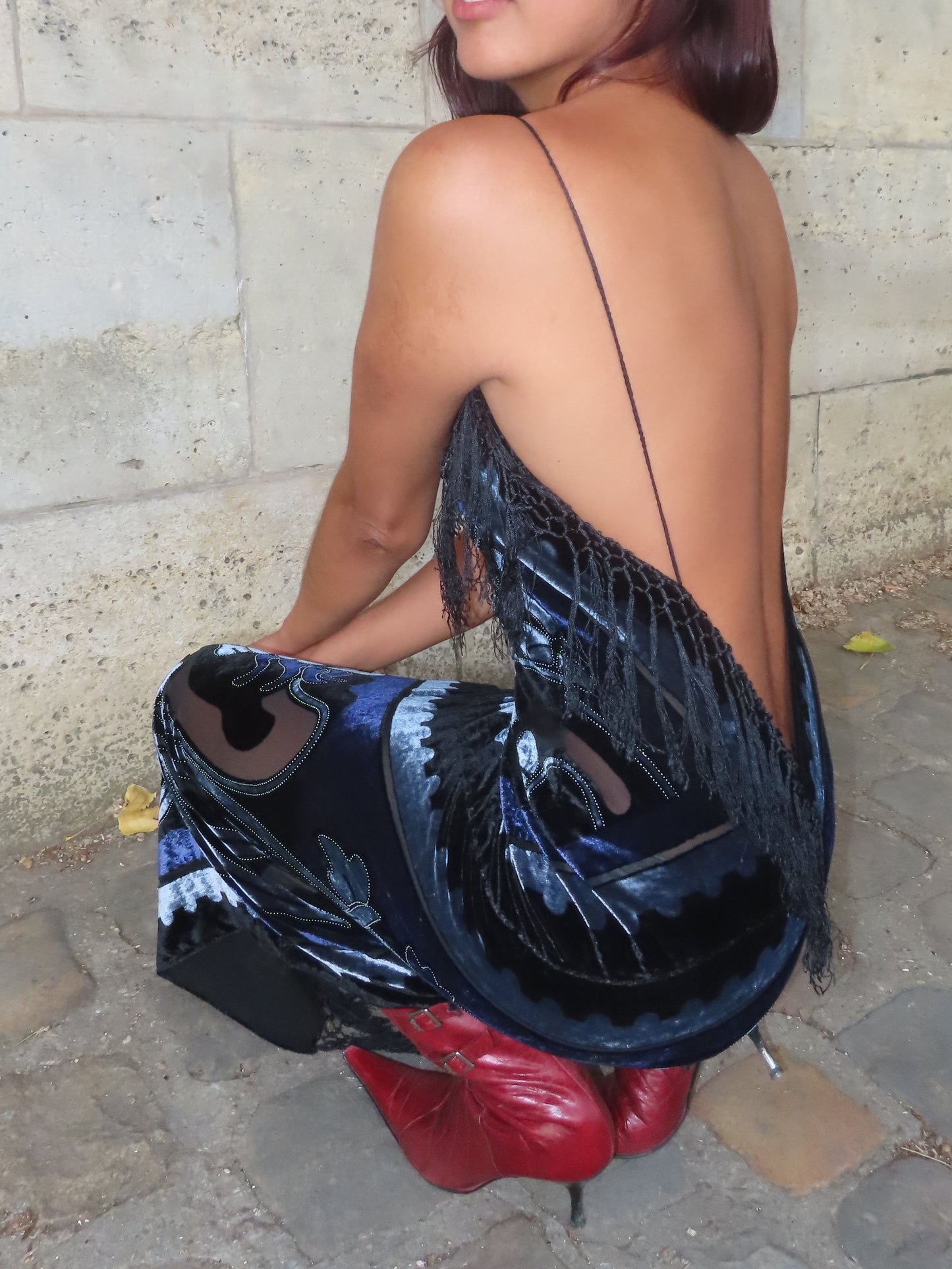 Blue Velvet Fringe Dress